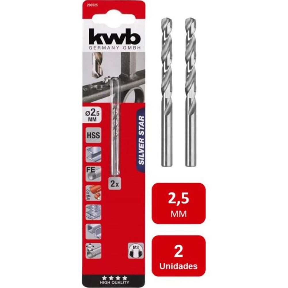 Broca Acero R&aacute;pido Hss Silver 2.5mm 2un. Kwb image number 0.0